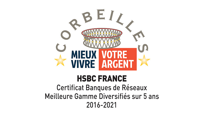 Logo Corbeilles Mieux Vivre Votre Argent pour le certificat Banques de Réseaux Meilleure Gamme Diversifiés for 5 years won by HSBC France from 2016-2021.