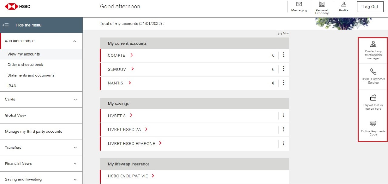 Screenshot of the English online banking overview page, highlighting the right-hand side menu.