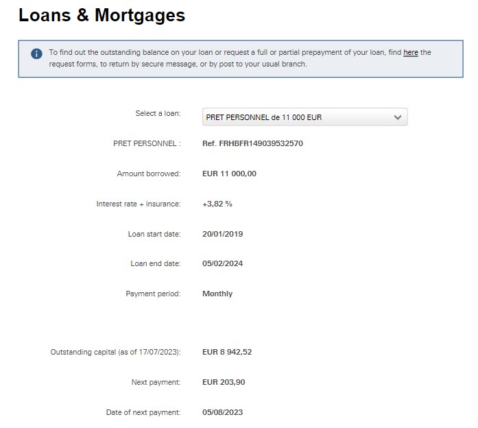 Image of the section where existing personal loan information can be viewed