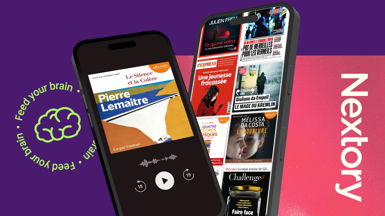 Illustration of two mobile devices and a tablet with sample audiobook titles, headphones and 'Nextory' text against a pink and purple gradient background.